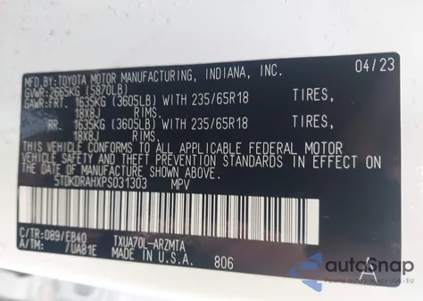 2023 Toyota Highlander Xle из США, поврежденный, VIN 5TDKDRAHXPS031303